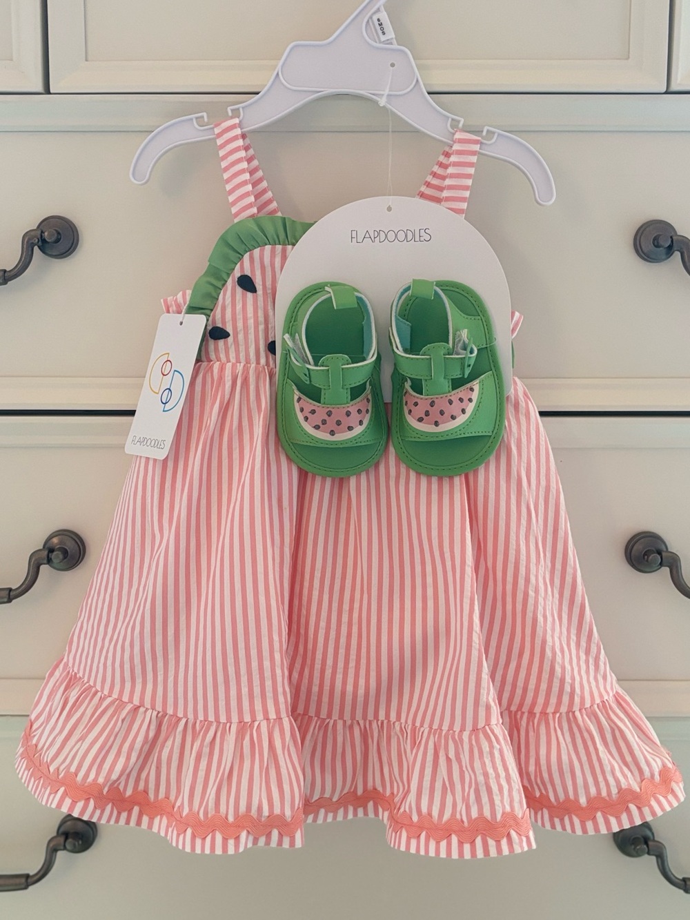 NWT Flapdoodles Baby Girl Watermelon Stripe Dress Matching Sandals 3-6 Months